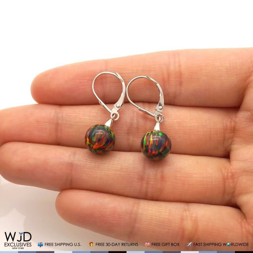 9mm Ball Shaped Black Fire Opal Dangle Leverback Earrings 14K White Gold