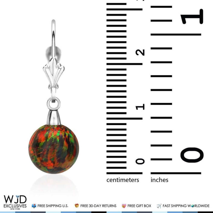 9mm Ball Shaped Black Fire Opal Dangle Leverback Earrings 14K White Gold