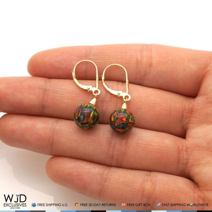 6mm-10mm Ball Shaped Black Fire Opal Dangle Leverback Earrings 14K Yellow Gold