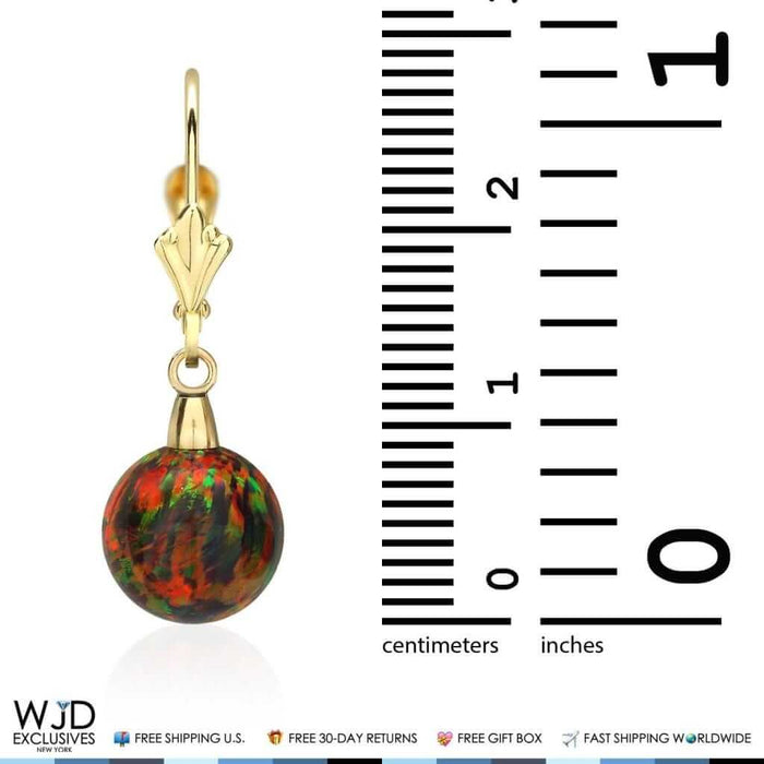 6mm-10mm Ball Shaped Black Fire Opal Dangle Leverback Earrings 14K Yellow Gold