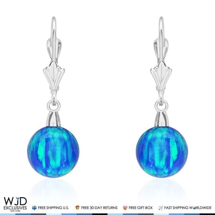 14K White Gold 9mm Ball Shaped Blue Fire Opal Leverback Dangle Earrings