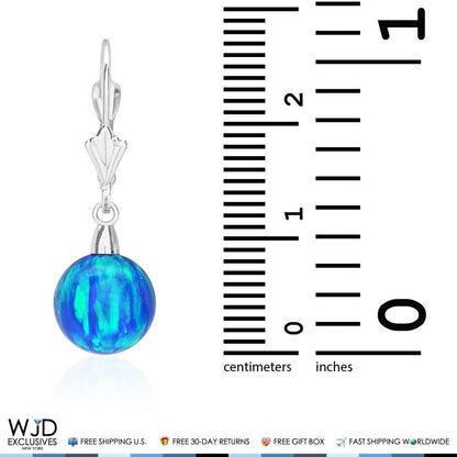 14K Solid White Gold 9mm Ball Shaped Blue Fire Opal Leverback Dangle Earrings