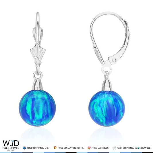 14K Solid White Gold 9mm Ball Shaped Blue Fire Opal Leverback Dangle Earrings