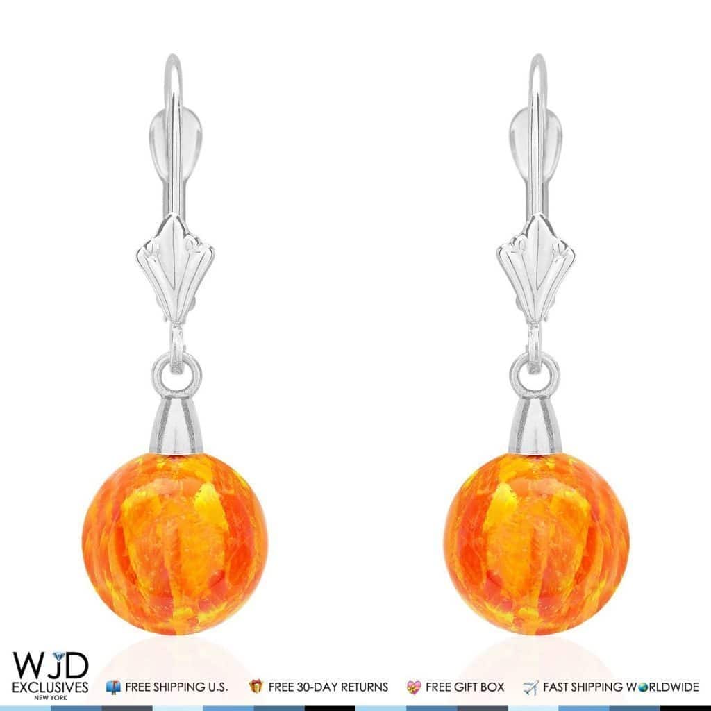 9 mm Ball Shaped Orange Fire Opal Leverback Dangle Earrings 14K White Gold 1"