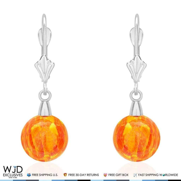 9mm Ball Shaped Orange Fire Opal Leverback Dangle Earrings 14K White Gold 1"