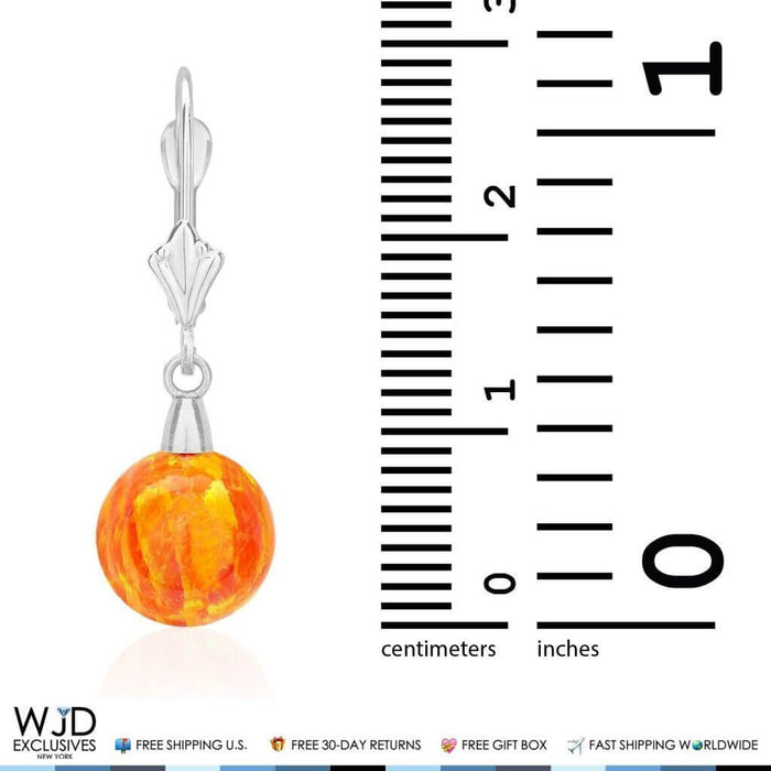 9mm Ball Shaped Orange Fire Opal Leverback Dangle Earrings 14K White Gold 1"