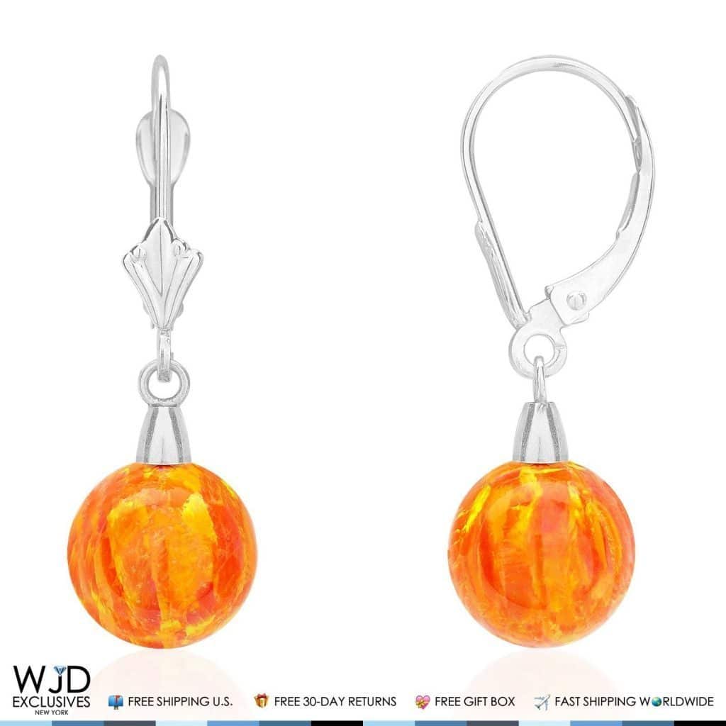 9 mm Ball Shaped Orange Fire Opal Leverback Dangle Earrings 14K White Gold 1"