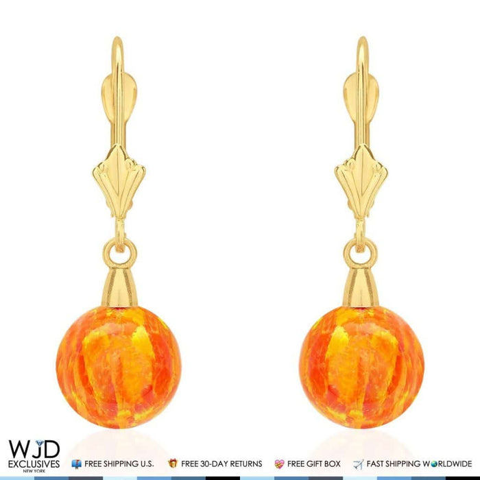 9mm Ball Shaped Orange Fire Opal Leverback Dangle Earrings 14K Yellow Gold 1"