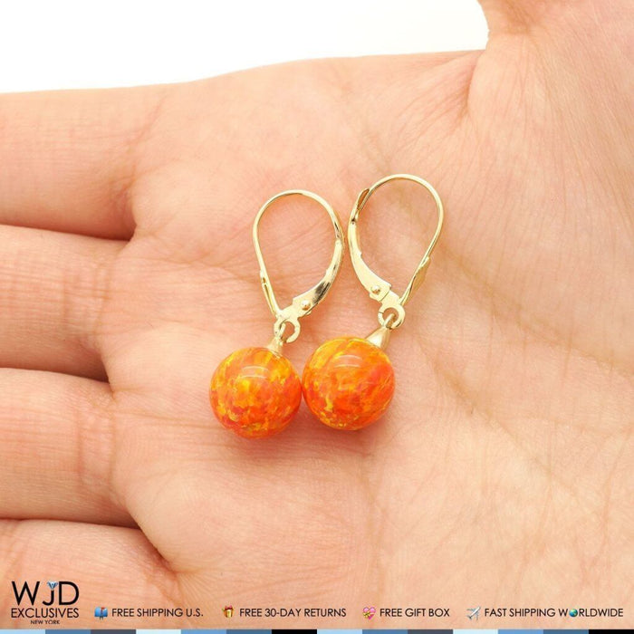 9mm Ball Shaped Orange Fire Opal Leverback Dangle Earrings 14K Yellow Gold 1"