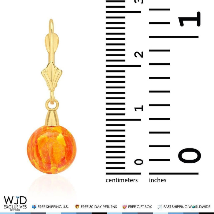 9mm Ball Shaped Orange Fire Opal Leverback Dangle Earrings 14K Yellow Gold 1"