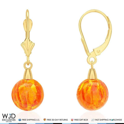 9mm Ball Shaped Orange Fire Opal Leverback Dangle Earrings 14K Yellow Gold 1"