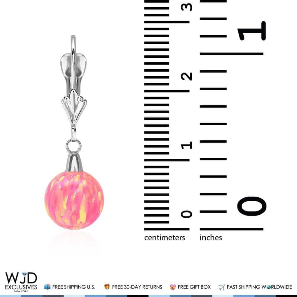 6mm-10mm Ball Peach Pink Fire Opal Leverback Dangle Earrings 14K White Gold