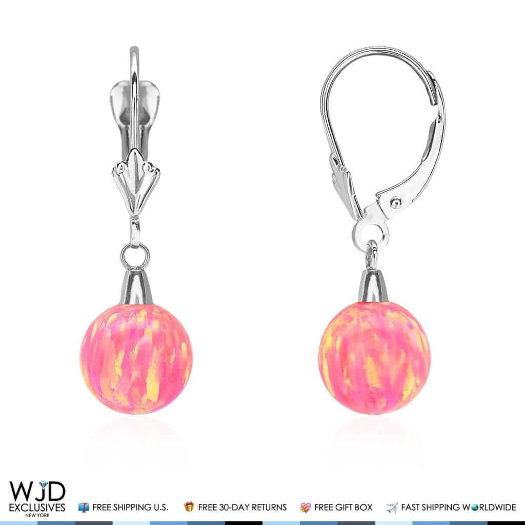 6mm-10mm Ball Peach Pink Fire Opal Leverback Dangle Earrings 14K White Gold