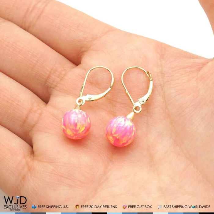 14K Yellow Gold 6mm-10mm Ball Peach Pink Fire Opal Leverback Dangle Earrings