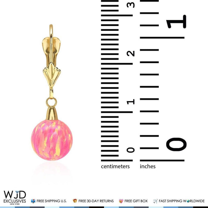 14K Yellow Gold 6mm-10mm Ball Peach Pink Fire Opal Leverback Dangle Earrings