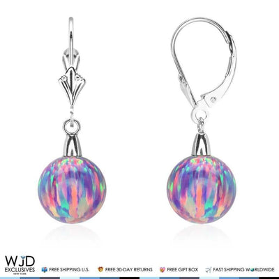 9mm Ball Shaped Purple Fire Opal Leverback Dangle Earrings 14K White Gold