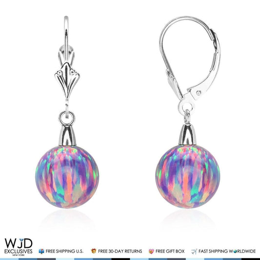 9 mm Ball Shaped Purple Fire Opal Leverback Dangle Earrings 14K Solid White Gold