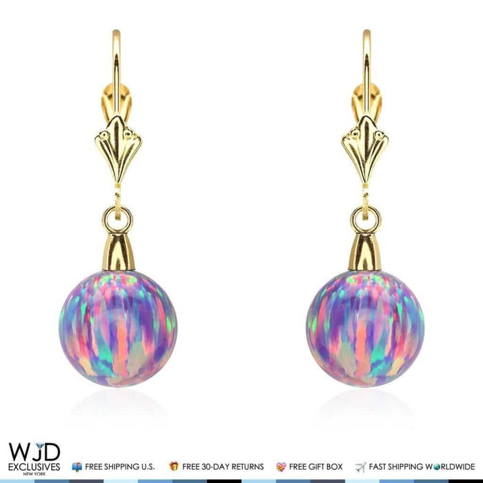 9mm Ball Shaped Purple Fire Opal Leverback Dangle Earrings 14K Yellow Gold 1"