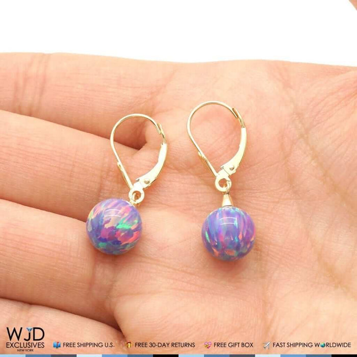 9mm Ball Shaped Purple Fire Opal Leverback Dangle Earrings 14K Yellow Gold 1"