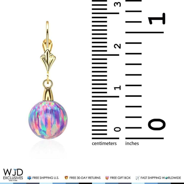 9mm Ball Shaped Purple Fire Opal Leverback Dangle Earrings 14K Yellow Gold 1"