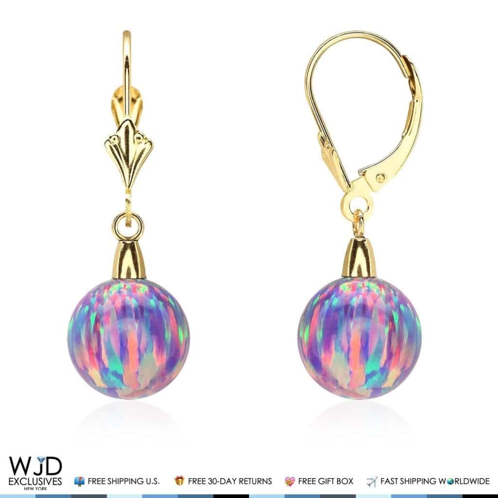 9 mm Ball Shaped Purple Fire Opal Leverback Dangle Earrings 14K Yellow Gold 1&quot;