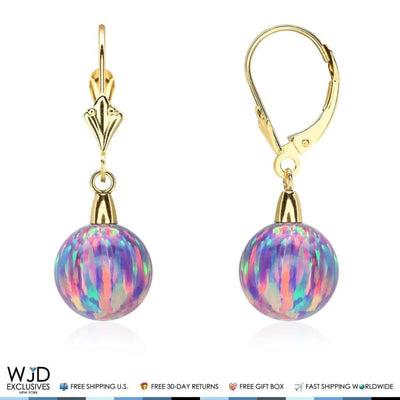 9mm Ball Shaped Purple Fire Opal Leverback Dangle Earrings 14K Yellow Gold 1"