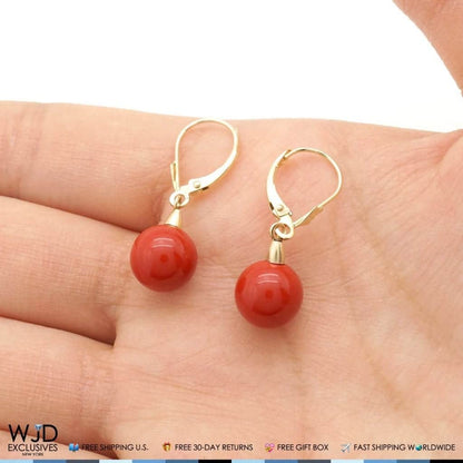 9 mm Ball Shaped Red Coral Leverback Dangle Earrings 14K Solid Yellow Gold 1"