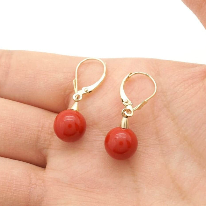 9mm Ball Shaped Red Coral Leverback Dangle Earrings 14K Yellow Gold 1"