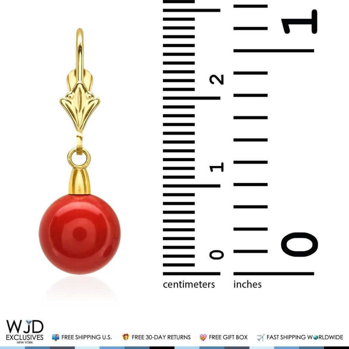9mm Ball Shaped Red Coral Leverback Dangle Earrings 14K Yellow Gold 1"