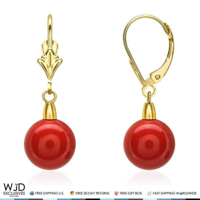 9mm Ball Shaped Red Coral Leverback Dangle Earrings 14K Yellow Gold 1"