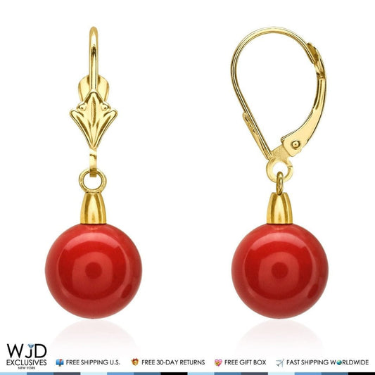 9 mm Ball Shaped Red Coral Leverback Dangle Earrings 14K Solid Yellow Gold 1"