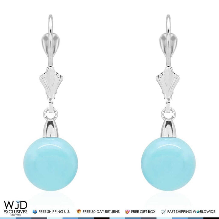 14K White Gold Ball Shaped Turquoise Leverback Dangle Earrings 6mm-10mm