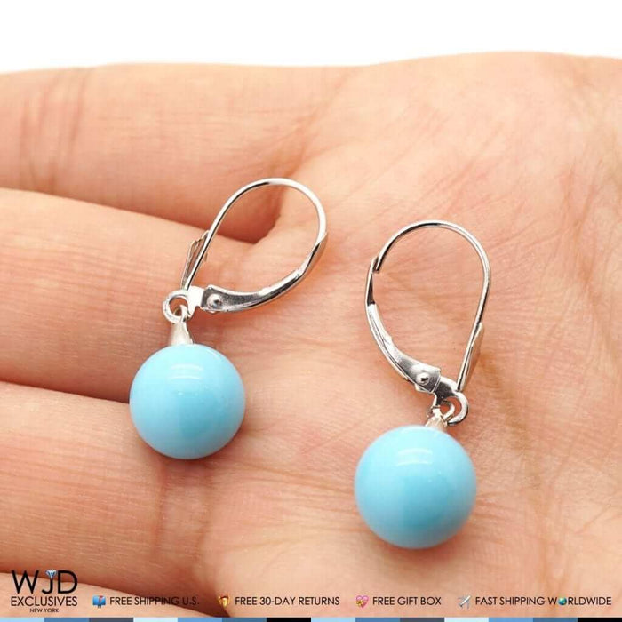 14K White Gold Ball Shaped Turquoise Leverback Dangle Earrings 6mm-10mm