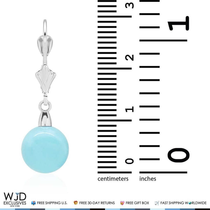 14K White Gold Ball Shaped Turquoise Leverback Dangle Earrings 6mm-10mm