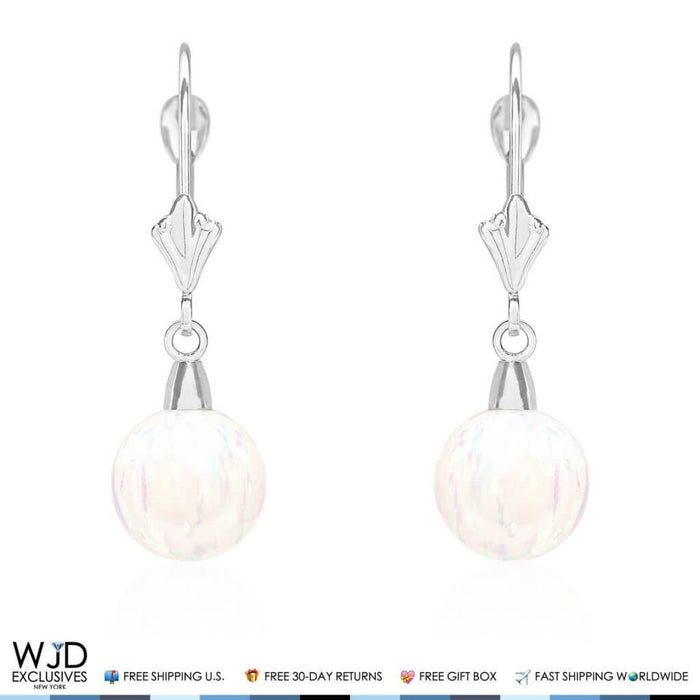 9mm Ball Shaped White Fire Opal Leverback Dangle Earrings 14K White Gold