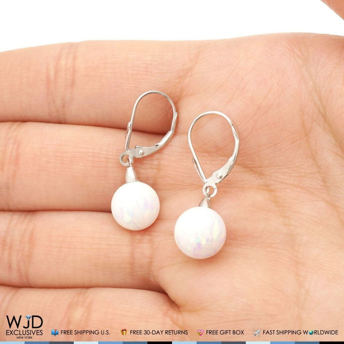 9mm Ball Shaped White Fire Opal Leverback Dangle Earrings 14K White Gold