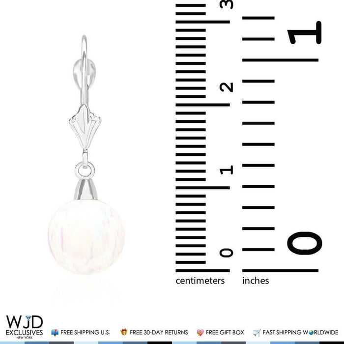 9mm Ball Shaped White Fire Opal Leverback Dangle Earrings 14K White Gold