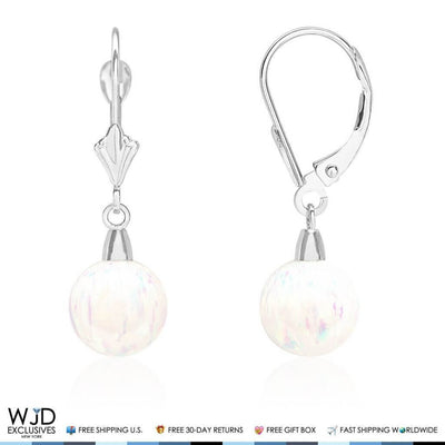 9mm Ball Shaped White Fire Opal Leverback Dangle Earrings 14K White Gold