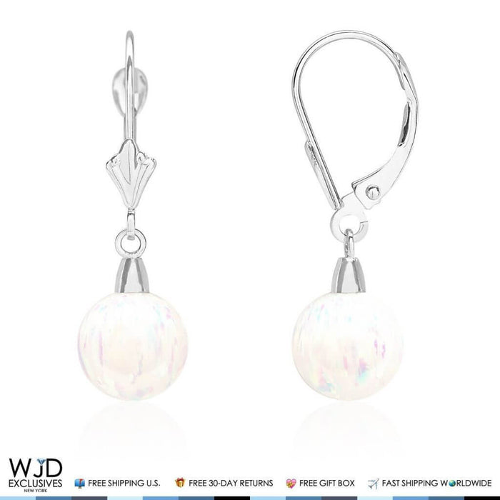 9mm Ball Shaped White Fire Opal Leverback Dangle Earrings 14K White Gold