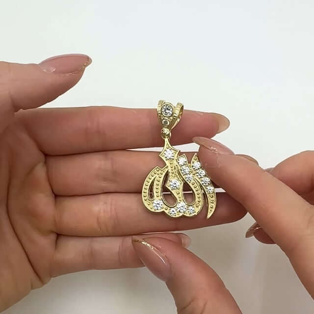 14K Gold CZ Arabic Script Allah Pendant 1.7" - WJD Exclusives