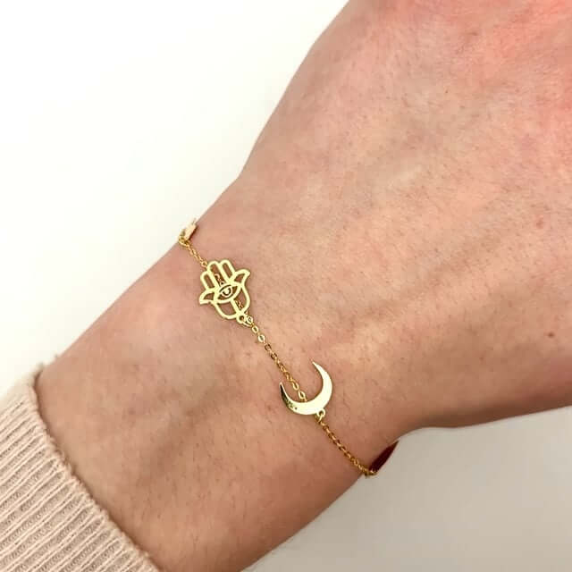 14K Yellow Gold Horseshoe Hamsa Horn Heart Moon Charms Bracelet (Solid Links) 6.25" - 7" Adjustable - WJD Exclusives