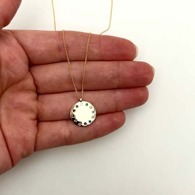 14K Yellow Gold Gemstone & Diamond Dial Medallion Necklace (Solid Links) Adjustable 16" - 18" - WJD Exclusives