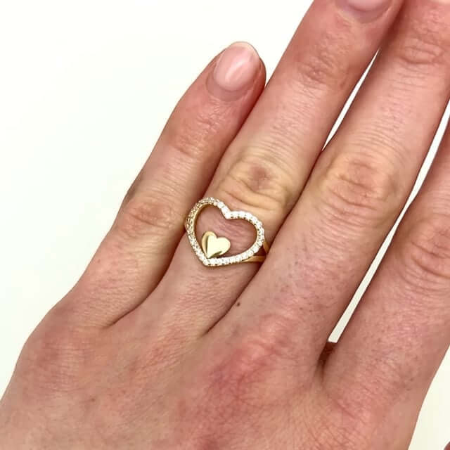 0.20CTW CZ 14K Yellow Gold Heart in Heart Halo Cocktail Ring - WJD Exclusives