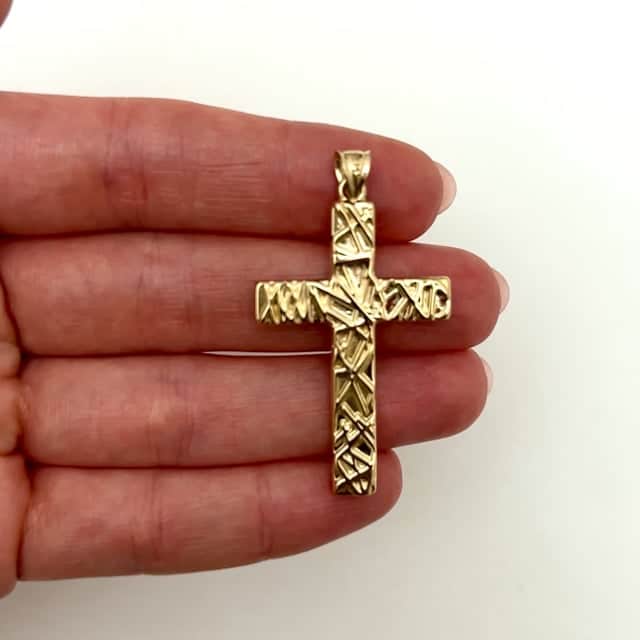 14K Gold Textured Cross Pendant 1.9" - WJD Exclusives