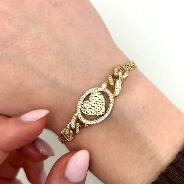 0.70CTW CZ 14K Yellow Gold Cuban Bismark Heart Bracelet (Hollow) 7.25" - WJD Exclusives