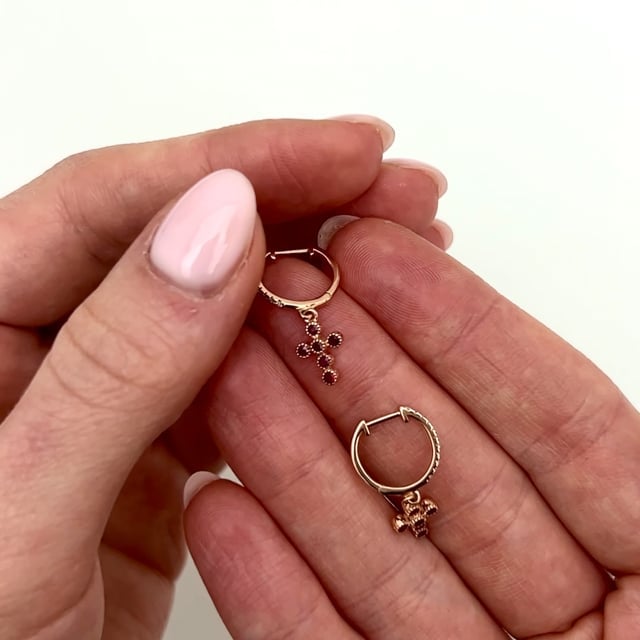 0.10CTW Real Diamond 14K Rose Gold Red Ruby Cross Earrings 23mm
