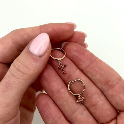0.10CTW Real Diamond 14K Rose Gold Red Ruby Cross Earrings 23mm