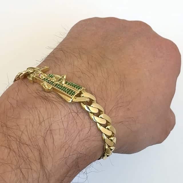 14K Yellow Gold CZ Santa Muerte Miami Cuban Bracelet (Solid Links) 8" - WJD Exclusives