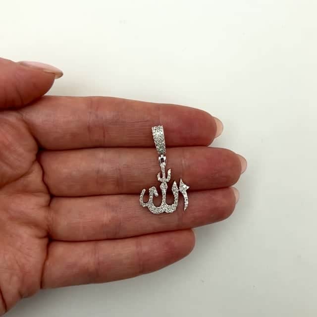 0.61CTW Real Diamond Sterling Silver Allah Religious Pendant 1.2"