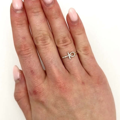0.10CTW Real Diamond 10K Yellow Gold Sideways Ankh Cross Ring
